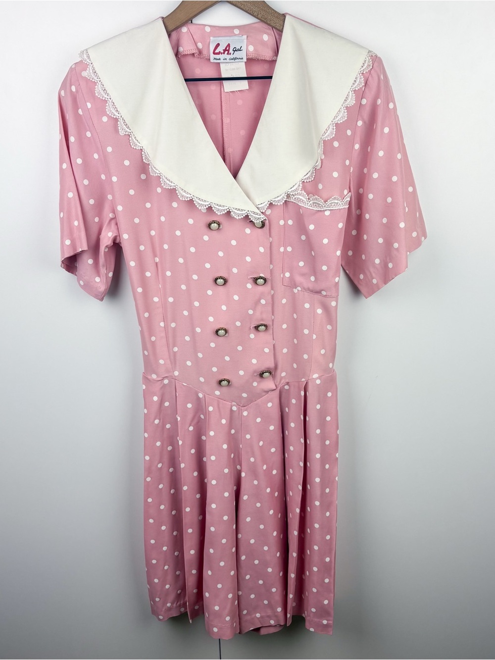Vintage 80s Polka Dot Lace Collar Button Pink White Romper Coquette Retro Barbie - Picture 2 of 10
